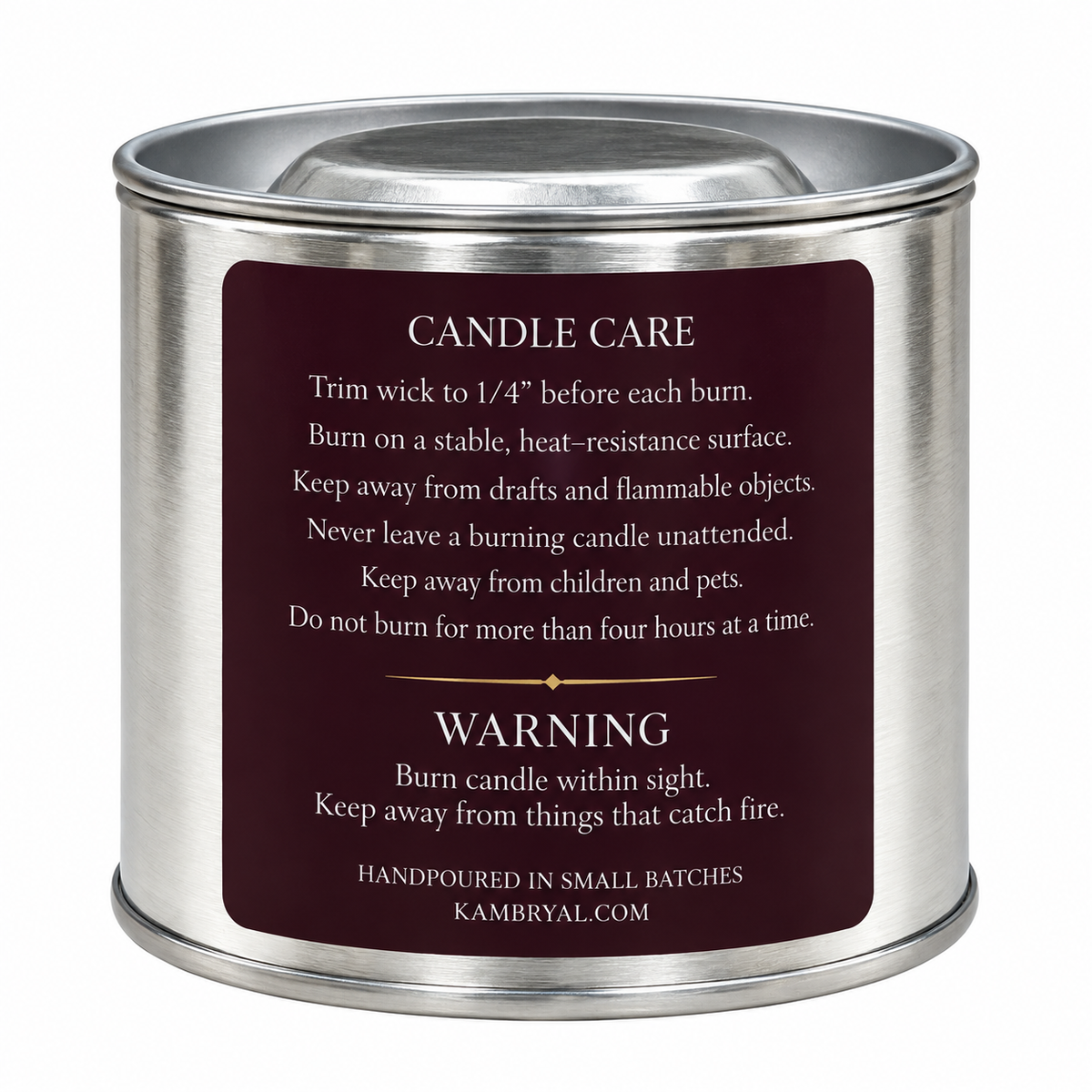 KAMBRYAL Damask Plum candle care and warning label back