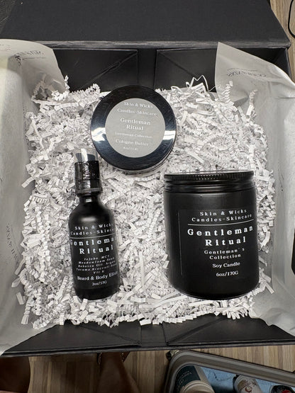 Gentleman’s Ritual Gift Set | Luxury Candle, Beard & Skin Elixir & Cologne Butter | Skin & Wicks
