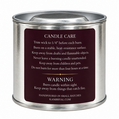 KAMBRYAL Damask Plum candle care and warning label back